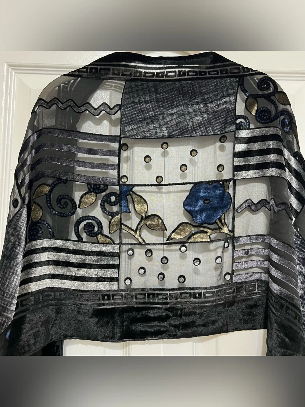 Silk/Rayon Black Burnout Velvet Patterned Fringe Detail Long Scarf Shawl
